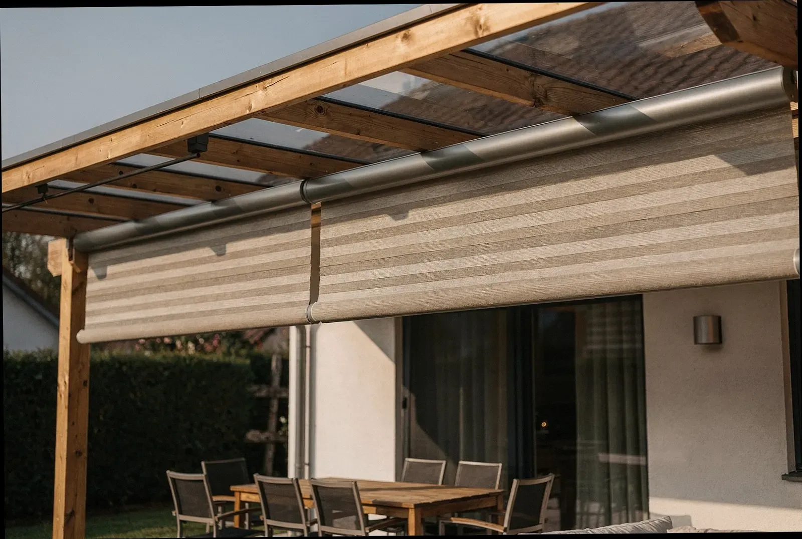 Überdachte Terrasse mit nachgerüsteter Beschattung an einem Wohnhaus in Aachen